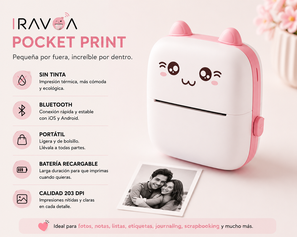 IRAVOA™ Pocket Print – Mini Impresora Térmica Portátil