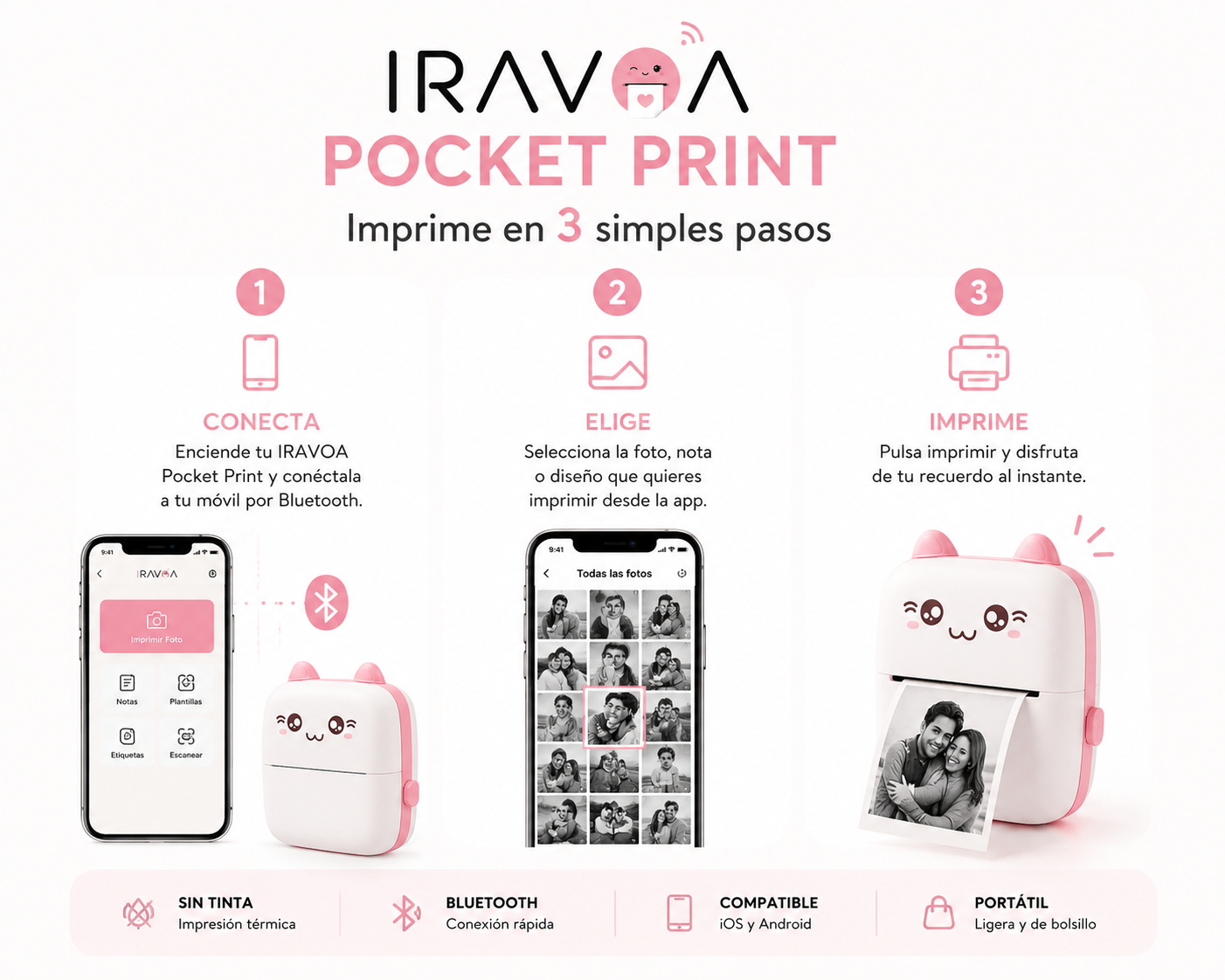 IRAVOA™ Pocket Print – Mini Impresora Térmica Portátil